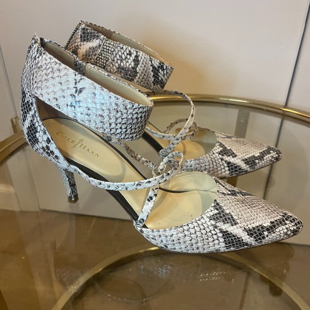Cole Haan Snakeskin Pointed-Toe Heels – Ankle Strap + Back Zip – Size 8B